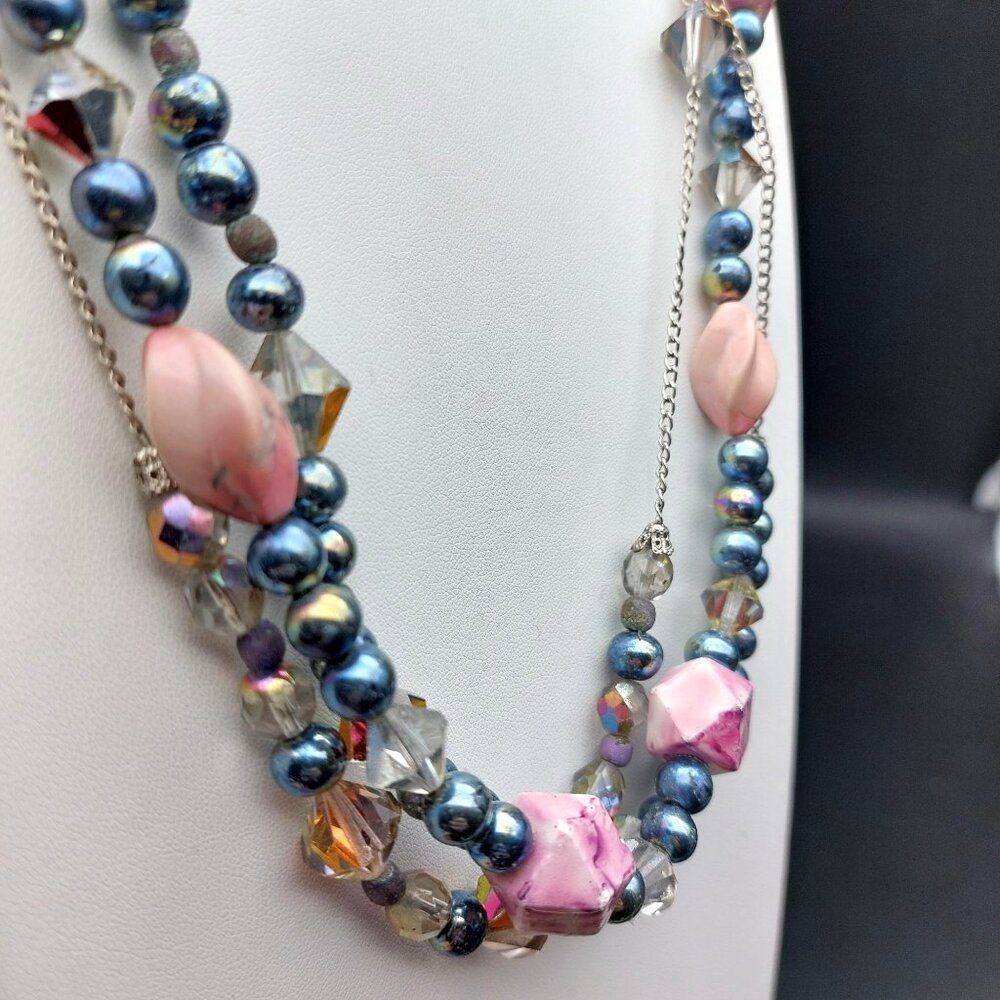 Vintage Triple Strand Necklace With Vitrail Finish Beads Pink Marbled Accents &